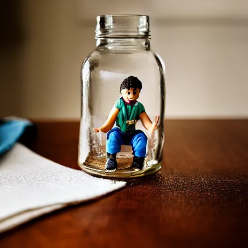 Prompt: a miniature man stuck in an upside clear glass jar on a kitchen table, 50mm, Nikon