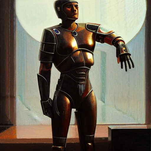 Image similar to sylvester stallone in ancient greece sci - fi armor, tech noir, wet reflections, prism, atmospheric, ambient, pj crook, syd mead, livia prima, greg rutkowski, edward hopper
