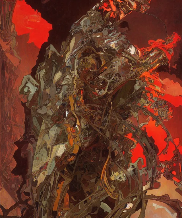 Prompt: a demonic cyborg with flaming red eyes, painting by alphonse mucha, greg ruthowski, detailed, henry ascensio, craig mullins, intricate and detailed