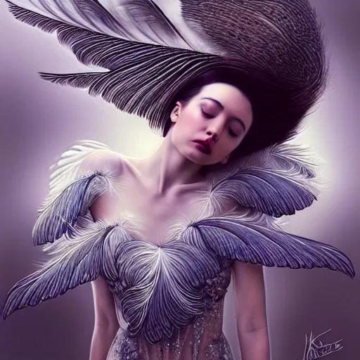 Image similar to portrait of a girl transforming into a feathered bird, covered in feathers, wings spread, taking flight, surreal, fantasy, intricate, elegant, dramatic lighting, emotional, symbolic metaphor, highly detailed, lifelike, photorealistic, digital painting, artstation, concept art, smooth, sharp focus, illustration, art by John Collier and Krenz Cushart and Artem Demura and Alphonse Mucha and Albert Aublet