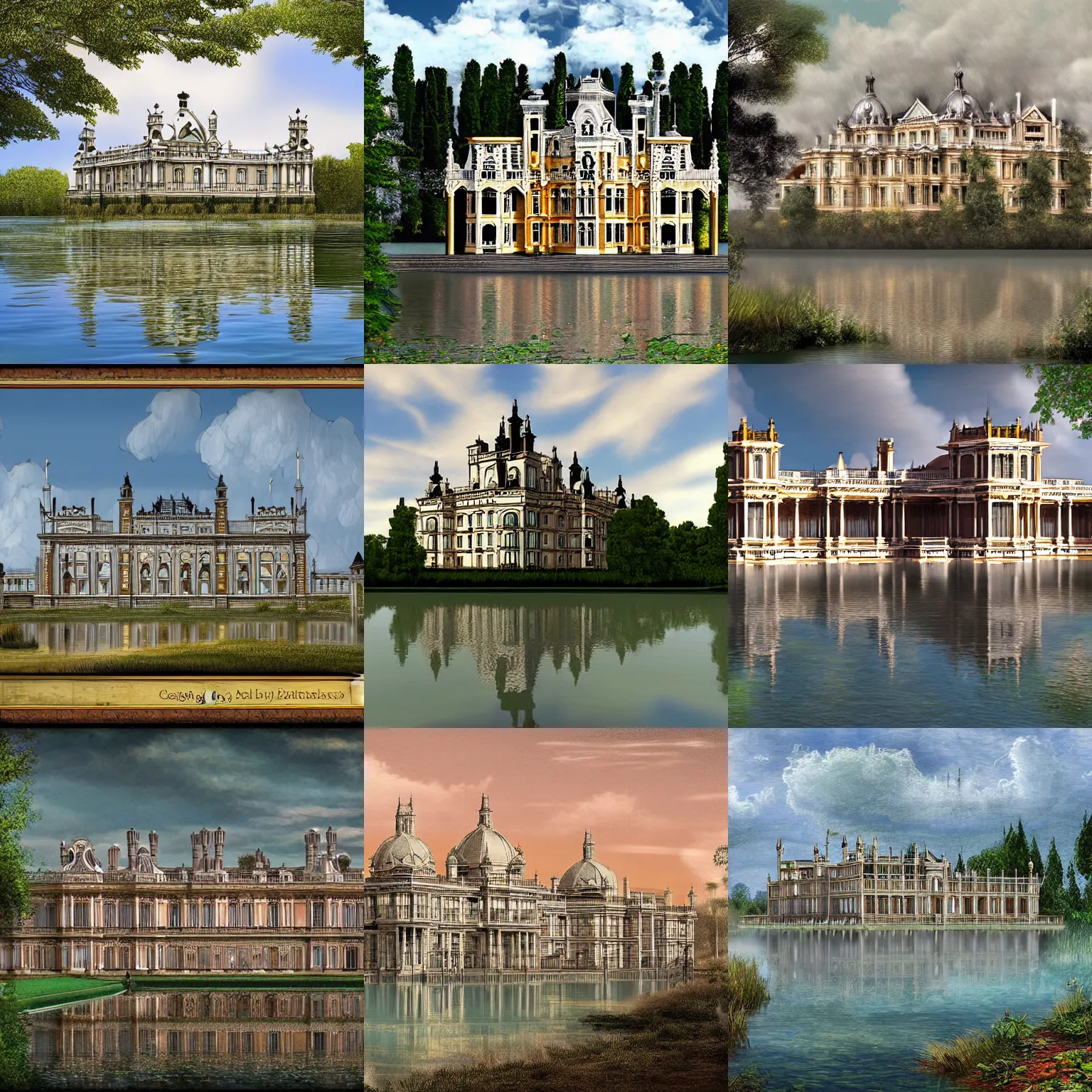 Prompt: Digital art of a large victorian palace on the edge of a lake. Realistic. Highly detailed.