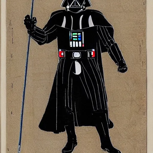 Image similar to darth vader ’ s suit schematic drawn by da vinci, mechanical drawing