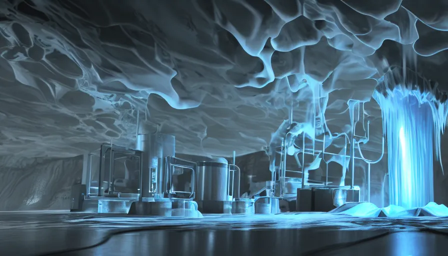 Image similar to liquid nitrogen with darkwater-cooling coolant flowing through latent representations of dark graphite caverns undergoing centrifugal forces, illuminated by computer circuitry sticking out the walls, high detail, high contrast, 90s low-poly render, 4k upscaling