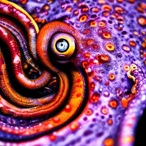 Prompt: fiery whimsical emotional eyes of a visceral cephalopod, in a photorealistic macro photograph with shallow DOF