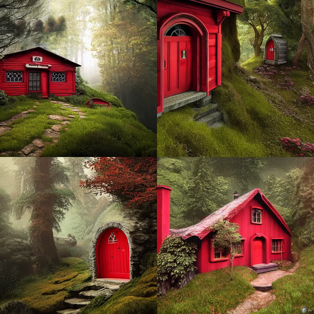 Prompt: a hobbitt house with a red door in the woods, a detailed matte painting by filip hodas, trending on unsplash, fantasy art, rendered in unreal engine, unreal engine, unreal engine 5