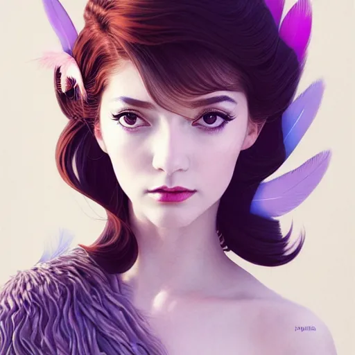 Image similar to 3 / 4 view of a portrait of a woman with feather wings, confident pose, pixie, genshin impact, magical, intricate, elegant, sharp focus, illustration, highly detailed, concept matte, trending on artstation, anime, strong brush stroke, sharp focus, illustration, art station, art by ilya kuvshinov and artgerm h 6 4 0