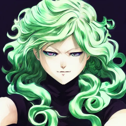 Prompt: tatsumaki from one punch man, green wavy hair, black dress, fine details, sharp focus, intricate, realistic shaded perfect face, by cushart krenz, by makoto shinkai, by wlop, by artgerm