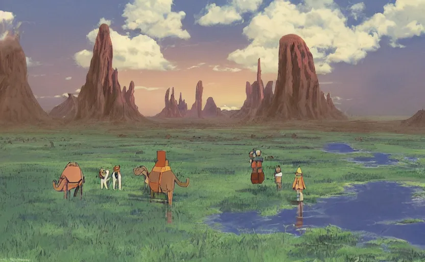 Image similar to a realistic cell - shaded studio ghibli concept art from paprika ( 2 0 0 6 ) of a cubic multi - colored rocketship from close encounters of the third kind ( 1 9 7 7 ) in a flooded monument valley stonehenge jungle jungle on a misty starry night. a camel caravan is in the foreground. very dull colors, portal, hd, 4 k, hq