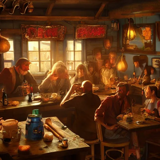 Image similar to busy tavern scene, Ultra realistic, intricate, mysterious, cinematic, 4k, illustration, concept art, photorealistic, award winning on Artstation