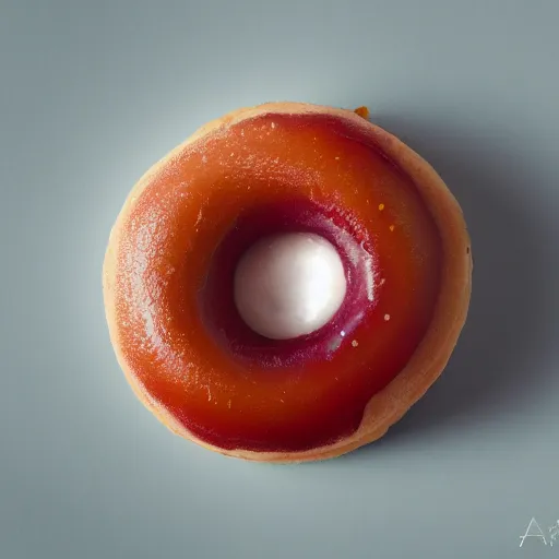 Image similar to Perfectly circular donut!!!!! in the style and shape of a rambutan!!!!!!, blended colors!!!!!, trending on artstation, 4k, 8k, professional photography, overhead shot, 35mm lens