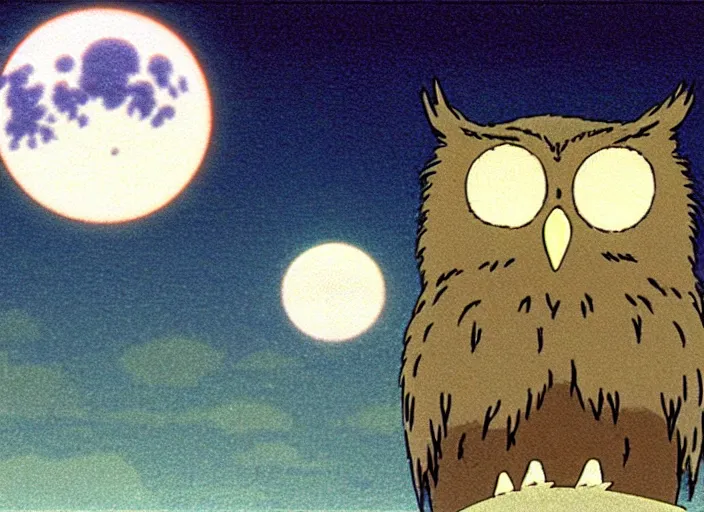 Prompt: a still from a studio ghibli movie of a cartoon owl from princess mononoke ( 1 9 9 7 ) firing laser beams from its eyes in front of a pale full moon, full body, wide shot, very dull muted colors, studio ghibli, highly detailed, deviantart, art by artgem