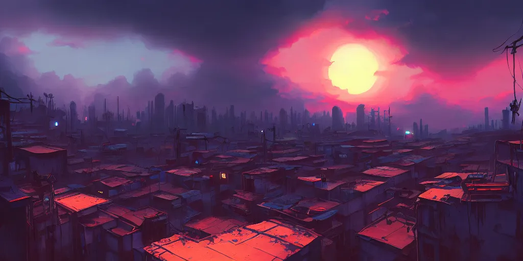 Image similar to Andreas Rocha painting of a cyberpunk African favela, hazy sunset with dramatic clouds, deep blues, wide angle lens, asymmetrical, trending on Artstation, High quality image