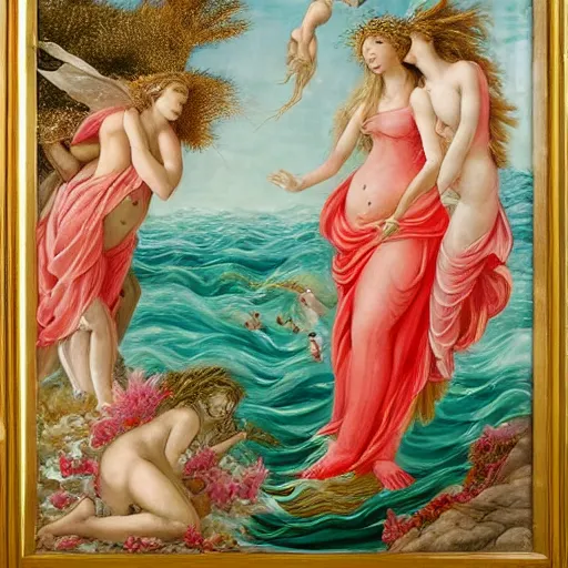 Image similar to The mixed media art depicts the goddess Venus, who is born from the sea, being blown towards the shore by the wind god Zephyr. On the shore, the goddess of love, beauty, and fertility, is greeted by the nymphs who attend to her. The mixed media art is a masterful example of use of color, light, and perspective. The figures are depicted in graceful poses, and the overall effect is one of serenity and beauty. white by Heather Theurer mournful