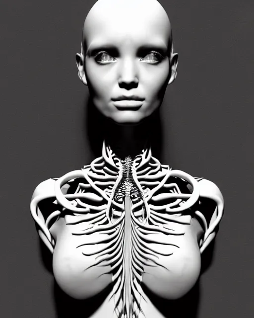 Image similar to a black and white 3D render of a young beautiful female queen-dragon-cyborg bust with a very long neck and a partial Mandelbrot fractal face, anatomical, flesh, facial muscles, veins, arteries, elegant, highly detailed, flesh highly ornate, cable wires, elegant, high fashion, rim light, octane render, in the style of H.R. Giger, Realistic, Refined, Digital Art, Highly Detailed, Cinematic Lighting, rim light, black and white, photo-realistic, 8K