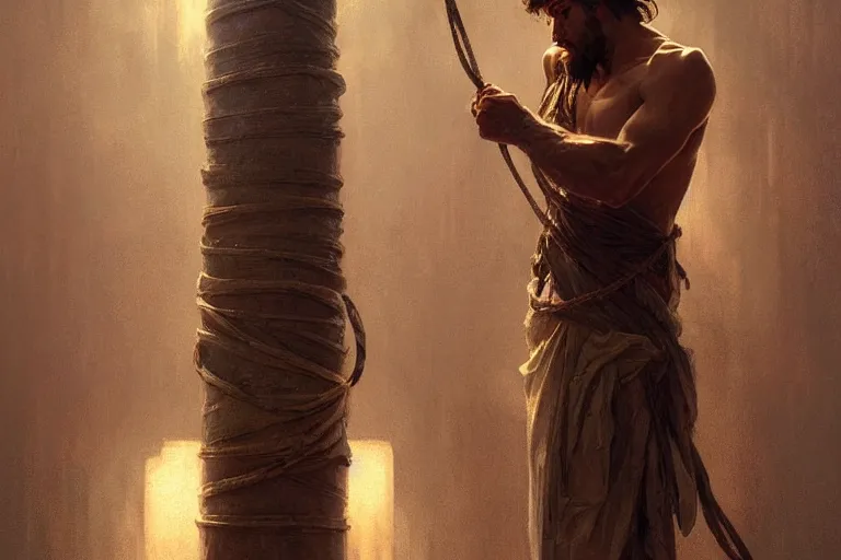 Image similar to a man tied to a pillar, highly detailed, hyperrealistic digital painting, artstation, concept art, smooth, sharp focus, illustration, cinematic lighting, art by artgerm and greg rutkowski and alphonse mucha