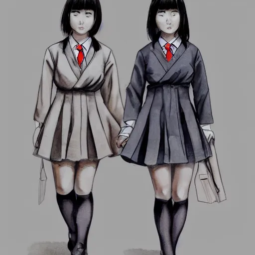 Image similar to a perfect, realistic professional digital sketch of two hyperrealistic Japanese schoolgirls posing, in style of Marvel, full length, by pen and watercolor, by a professional American senior artist on ArtStation, a high-quality hollywood-style sketch, on high-quality paper