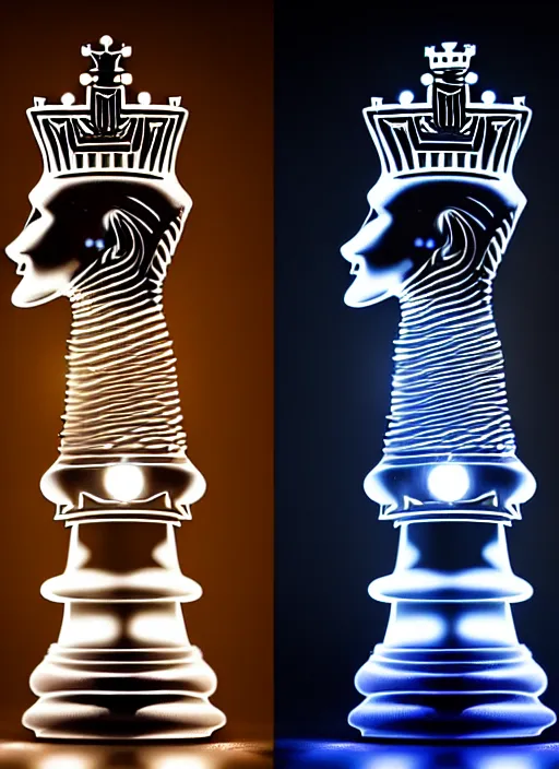 Image similar to ( beautiful queen chess piece ( top is biomechanical ) ( bottom is parametric ) ), reflection of led lights, algorithmic, intricate detail, futuristic, very detailed, highly detailed background, sharpfocus, photorealism, soft diffuse autumn lights, some sun lightray, dark room wall, canon 5 d 5 0 mm lens