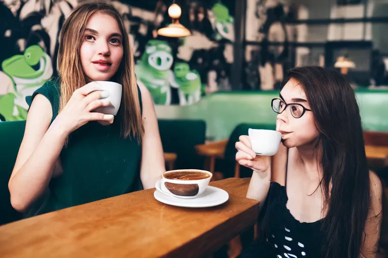 Image similar to girl drinking coffee with pepe the frog in a cafe, studio photo