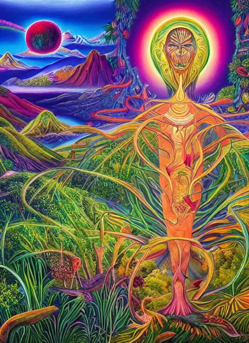 Image similar to a landscape painting of the upper spiritual worlds, surrealist, dmt, dmt, 5 meodmt, blissful landscape, love, high defined jungle, mother ayahuasca, ecstasy, bliss, sanctuary, sacred, vladimir kush art style, alex grey art style.