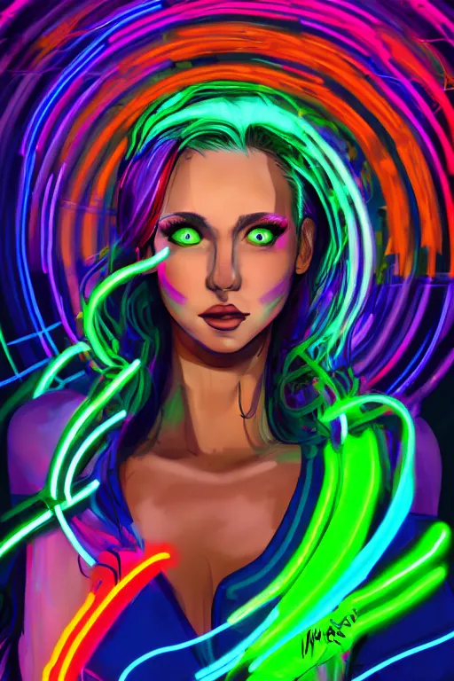 Prompt: a award winning portrait of a beautiful woman with stunning eyes in a one off shoulder croptop and cargo pants with rainbow colored hair, outlined by whirling illuminated neon lines and fine lines swirling in circles by ossdraws, digital art, trending on artstation