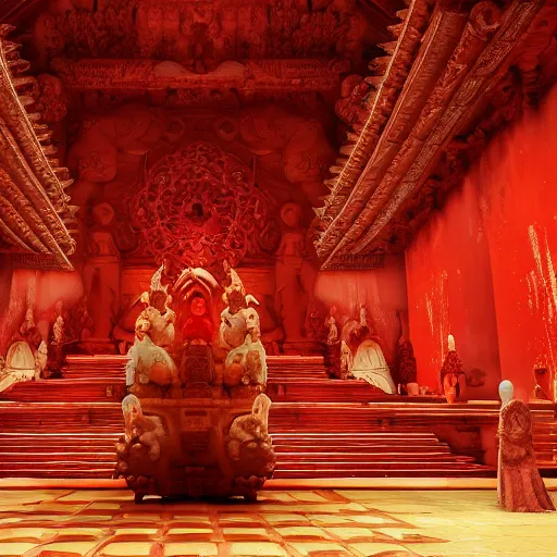 Image similar to a gigantic and minimalistic temple, soft red tone colors, where everyone is an npc, frozen in motion, high detail, artwork, filmgrain, soft tones, soft lighting