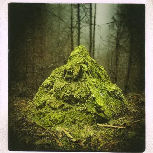 Image similar to a mossy rock pyramid in the middle of a forest clearing at night, dark, foggy, eerie, creepy, unsettling, lost footage, old polaroid, expired film,