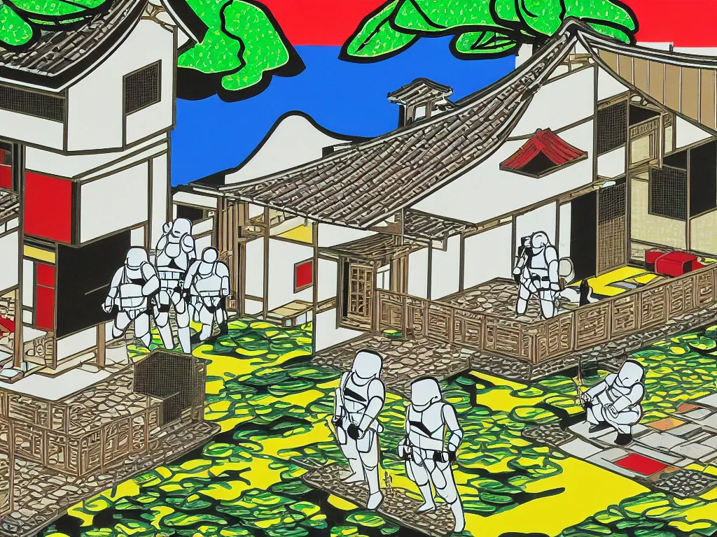 Image similar to detailed close - up image of the japanese home with a garden and a pond, 2 stormtroopers sitting around it, pop - art style, jacky tsai style, andy warhol style, roy lichtenstein style, rich palette, acrylic on canvas