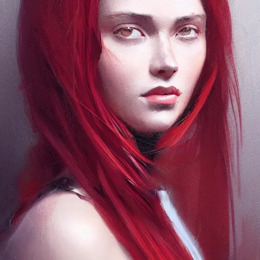 Image similar to Portrait of a woman by Greg Rutkowski, she is about 20 years old, redhead, long straight hair, beautiful oval face, wearing red and black utilitarian jumpsuit, older sister vibes, highly detailed portrait, digital painting, artstation, concept art, smooth, sharp foccus ilustration, Artstation HQ.