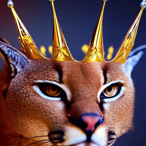 Image similar to caracal, crown on his head, in crown, dressed in crown, crowned, has a crown, cinematic, high detail, cinematography, vfx, 8 k