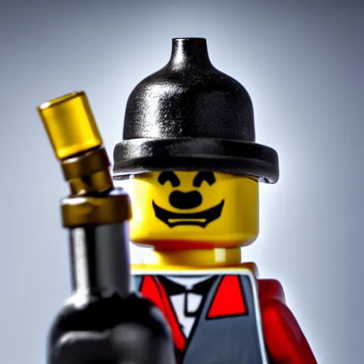 Image similar to macro photo of angry man lego figure in black spotwear, eight-piece cap on head, holding a vodka bottle, ambient lighting