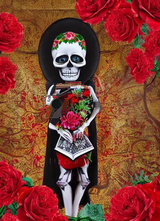 Prompt: mexican masterpiece of a skull faced Santa muerte with a book in her hand and surrounded by red flowers and ak45 as offers,+ no crop, visionary art, extremely high detail, realistic, octane render, post processed,