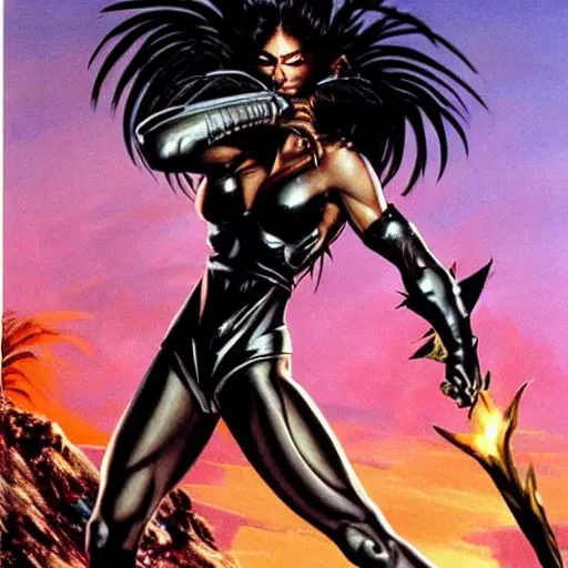 Image similar to Muscular ultraviolent woman, wild spiky black hair, electrified hair, chrome armor, black spandex, holding jagged scimitar, palm trees, red sky, destroyed mountains, chrome military base, 1987 video game boxart, drawn by Frank Frazetta, pulp art, hyper-detailed