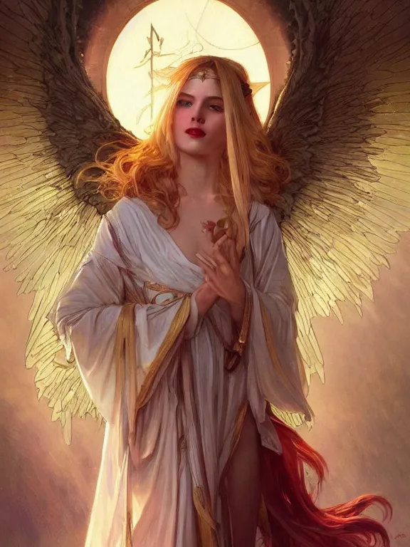 Prompt: priestess with angelical wings, golden hair, fluorescent eyes, white skin, lipstick, beautiful, goodness, high fantasy, illustration, by artgerm, greg rutkowski, alphonse mucha