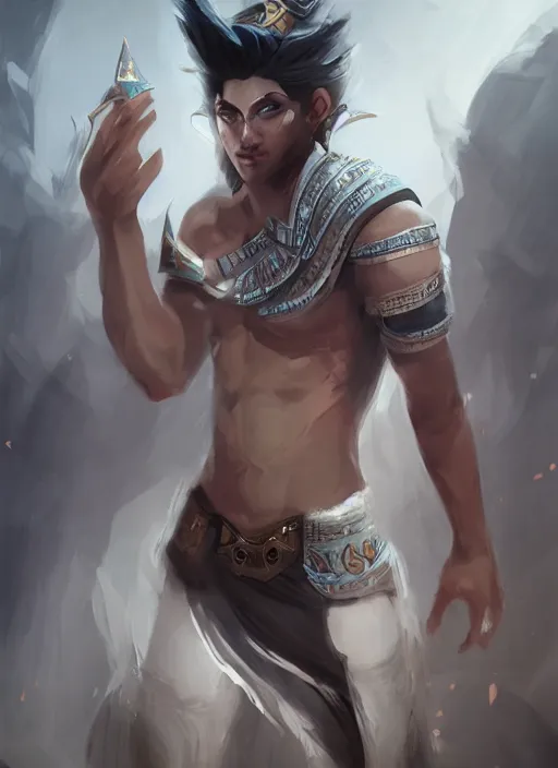 Image similar to detailed beautiful cool male character art depicting a god, egyptian, concept art, depth of field, on amino, by sakimichan patreon, wlop, weibo, bcy. net, colorhub. me high quality art on artstation.