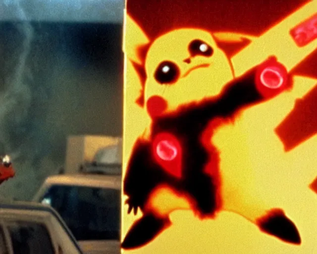 Prompt: Terminator pikachu on fire, scene from the 1980s film, still form the fiml