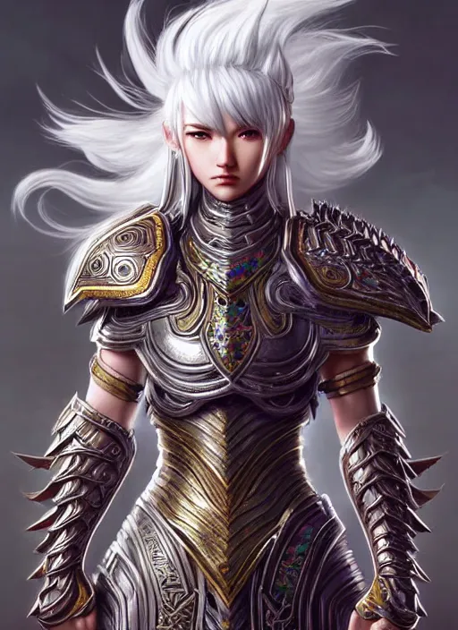 Image similar to warrior, intricate ornate opal heavy armor!!! beautiful and athletic white hair female!! monster hunter!! character concept art, sharp focus, octane render! unreal engine 5! highly rendered!! trending on artstation!! detailed linework!! illustration by artgerm, wlop, and chie yoshii