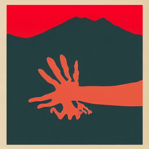 Prompt: album art of a hand coming out the water with a red sky by chris bilheimer