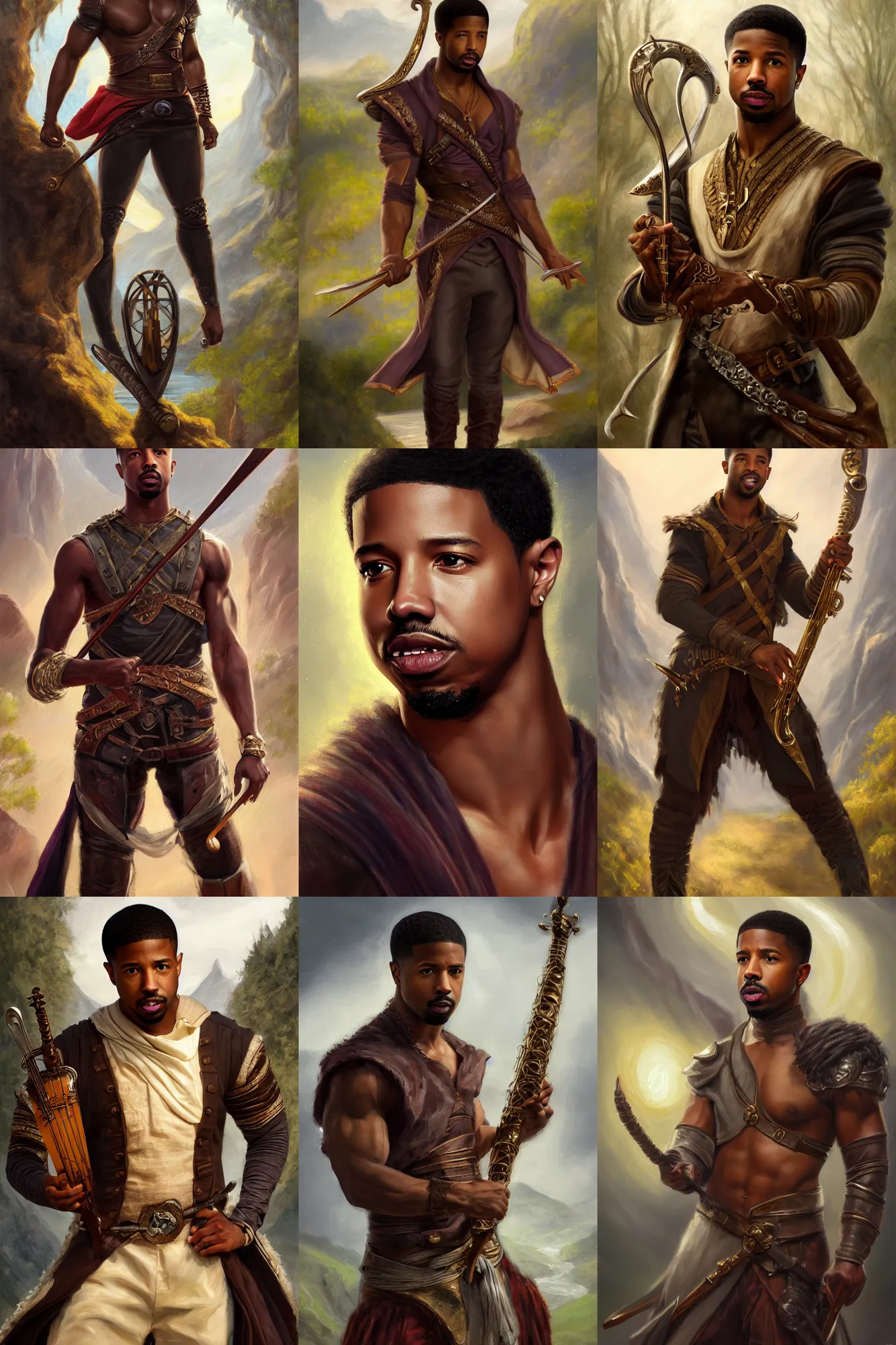Image similar to a full body high detail fantasy portrait oil painting illustration of michael b. jordan as an elegant male bard by justin sweet with face and body clearly visible, in a scenic background, pupils visible, realistic proportions, d & d, rpg, forgotten realms, artstation trending, high quality, sombre mood, artstation trending, muted colours, entire person visible!