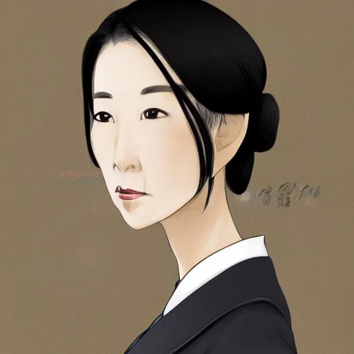 Prompt: portrait of an elderly Japanese woman dressed on a suit and tie, her hair in a tight bun, a serious expression on her face, digital art, elegant pose, detailed illustration