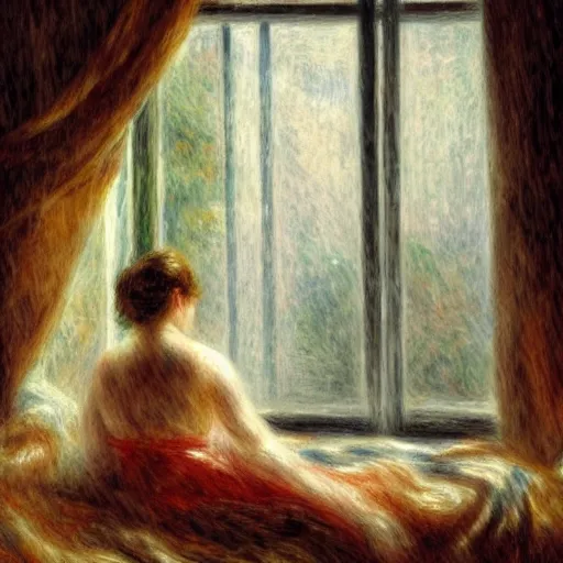 Image similar to on a rainy day, someone in home sits in bed, curled up under the covers, watching the rain outside the window, cinematic, artstation, extremely detailed, intricate, cinematic lighting, art by pierre - auguste renoir, arie johannes lamme