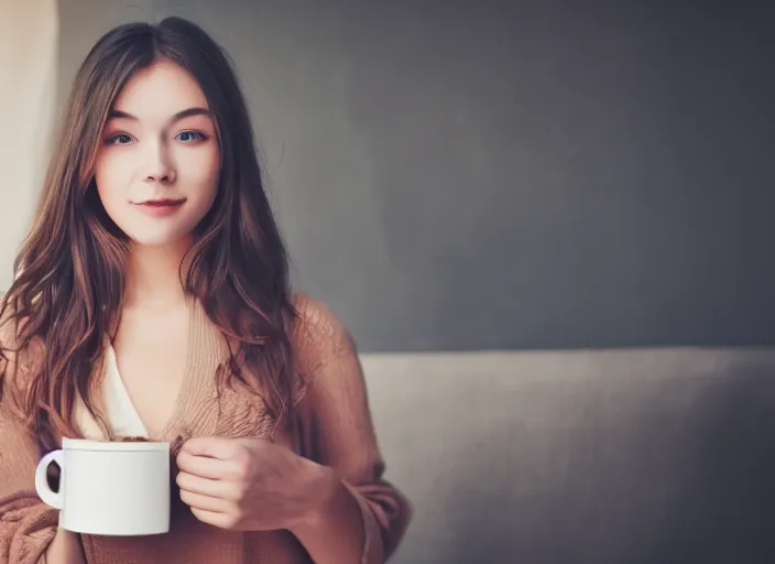 Image similar to Beautiful girl holding a cup of coffee, cinematic, very high quality, 8k