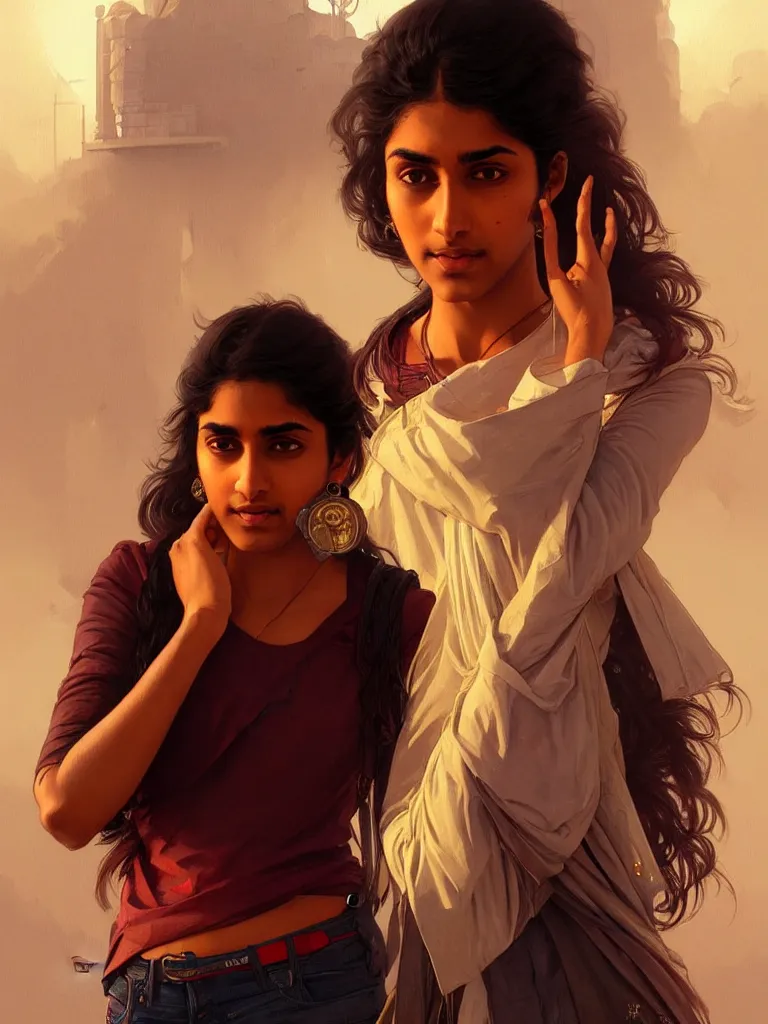 Image similar to Anxious pretty young Indian doctor wearing jeans leaving a plane, portrait, sci-fi face, elegant, highly detailed, digital painting, artstation, concept art, smooth, sharp focus, illustration, art by artgerm and greg rutkowski and alphonse mucha