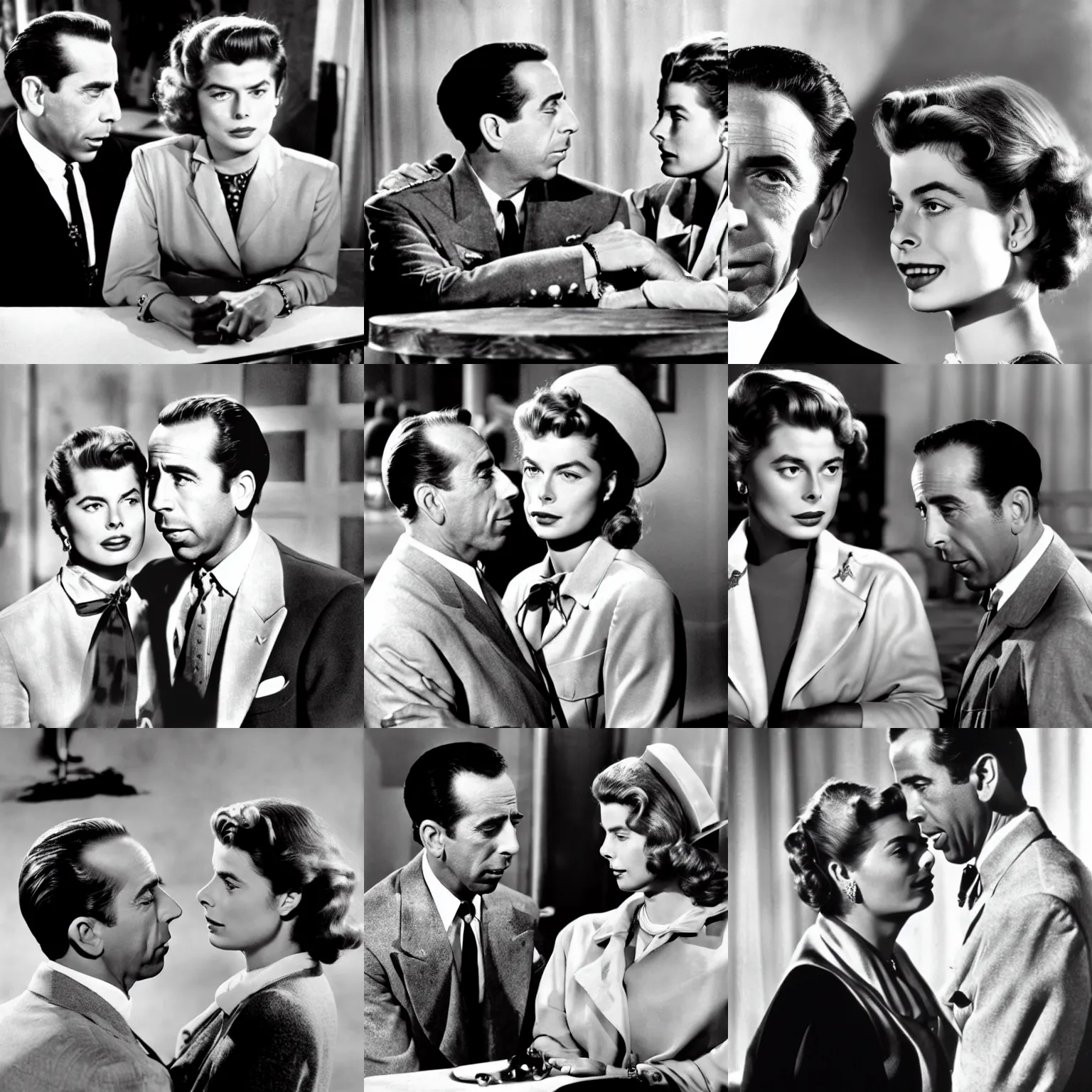 Prompt: Humphrey Bogart and Ingrid Bergman in Casablanca, movie still