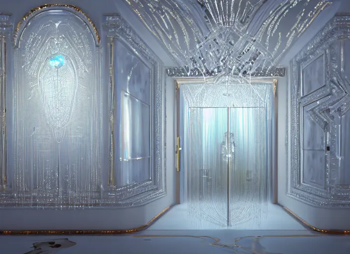 Prompt: beverly hills mansion, white pearlescent, chrome, iridescent titanium, crystal, liquid gold, copper, bronze biomechanical garment, cinematic, crystalline masterpiece diamond incrustations, hyperdetailed metalwork, in volumetric soft glowing mist, movie still, octane render, pixar, crepuscular rays,