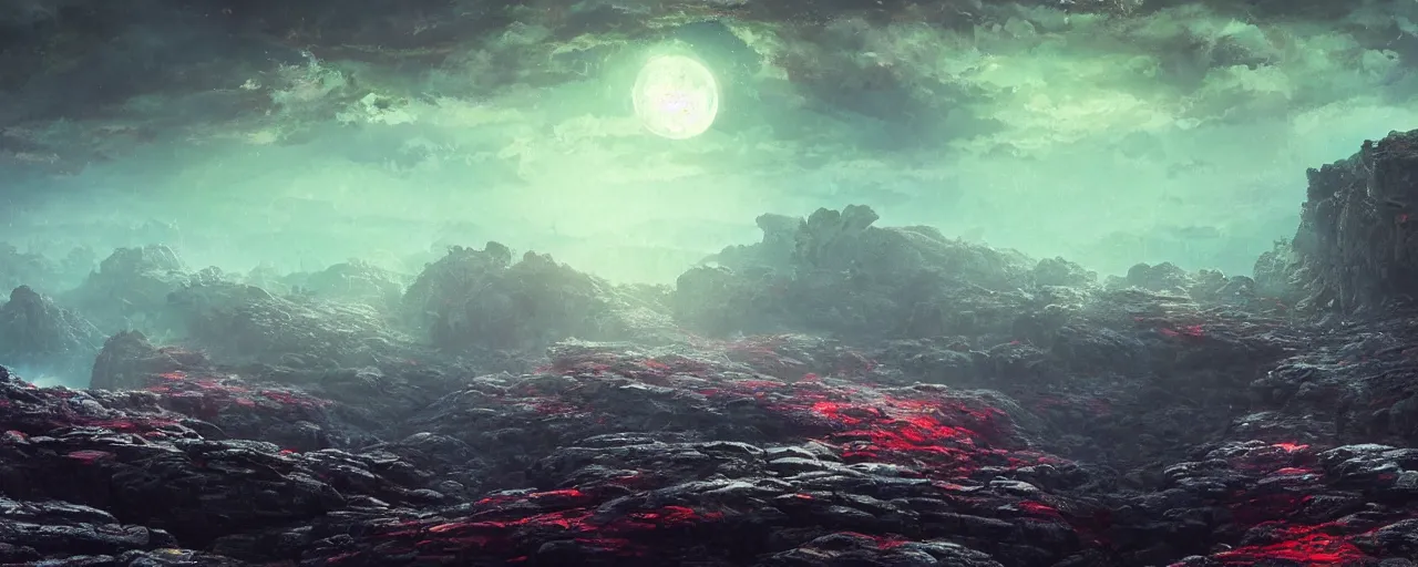 Prompt: ” rocky landscape at pitchblack moonlit night, [ cinematic, detailed, epic, widescreen, opening, establishing, mattepainting, photorealistic, realistic textures, octane render, art by wlop and paul lehr ] ”