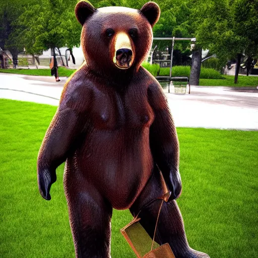 Prompt: big realistic bear standing on two legs, wearing big green bag at his bac, square backpack, photo realistic, high detail, smooth