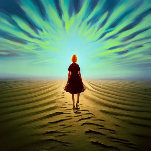 Image similar to closeup giant dahlia flower instead of head, a girl walking between dunes, surreal photography, sunrise, blue sky, dramatic light, impressionist painting, digital painting, artstation, simon stalenhag