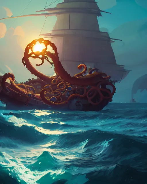 Prompt: a pirate ship being attacked by a kraken, deep water, glowing fish, rocks with lush vegetation, cory loftis, james gilleard, atey ghailan, makoto shinkai, goro fujita, studio ghibli, rim light, exquisite lighting, clear focus, very coherent, plain background, soft painting