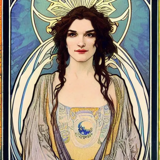 Prompt: rachel weisz portrait by louis - theophile hingre and alphonse mucha, realistic, sharp focus, zodiac signs, tarot cards, planets, ethereal, art nouveau, magic, moon, sun, crown, dreamy, royal, jewellery