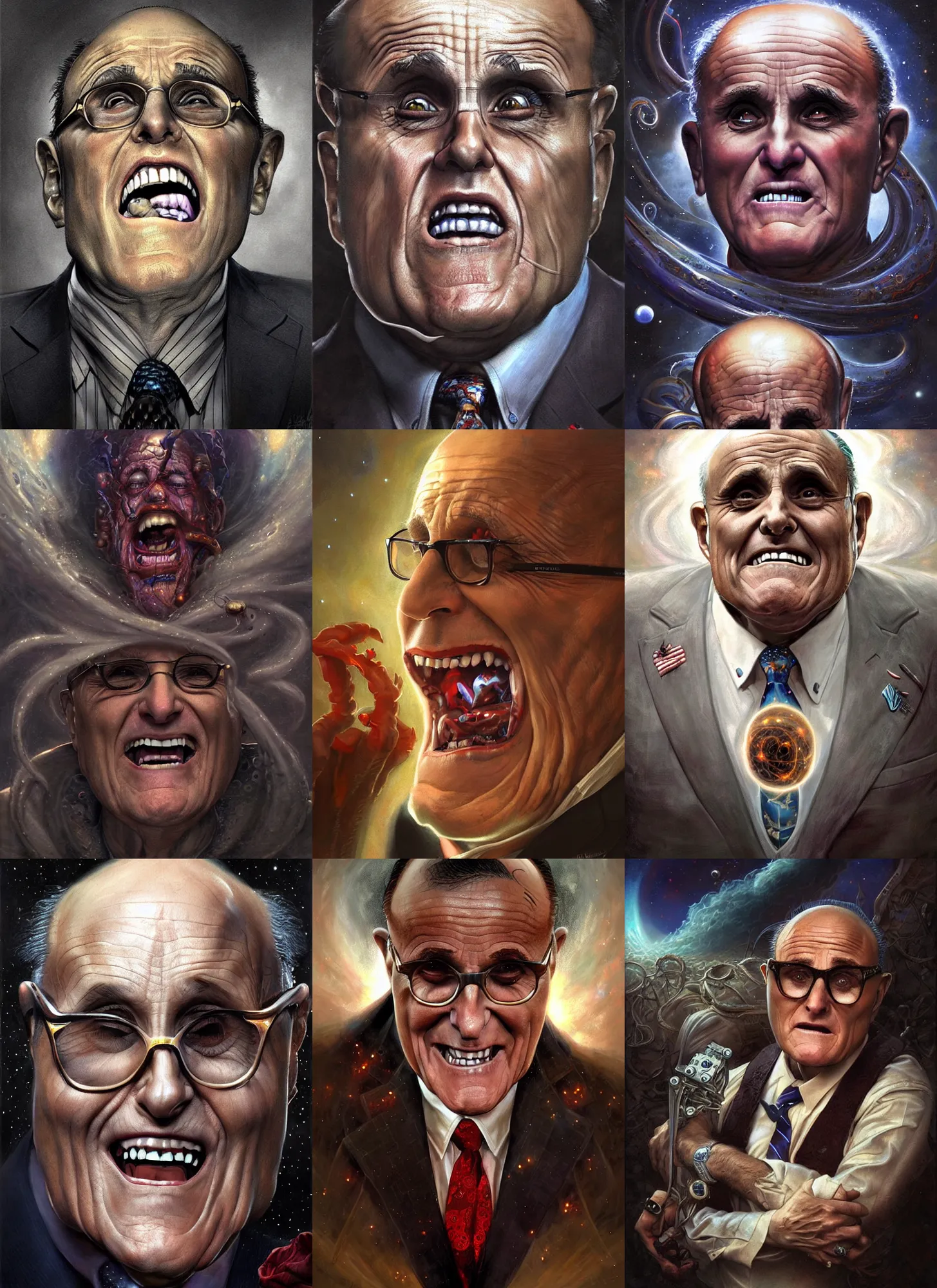 Prompt: rudy giuliani cringing, cosmic horror painting, elegant intricate digital painting artstation concept art by mark brooks and brad kunkle detailed